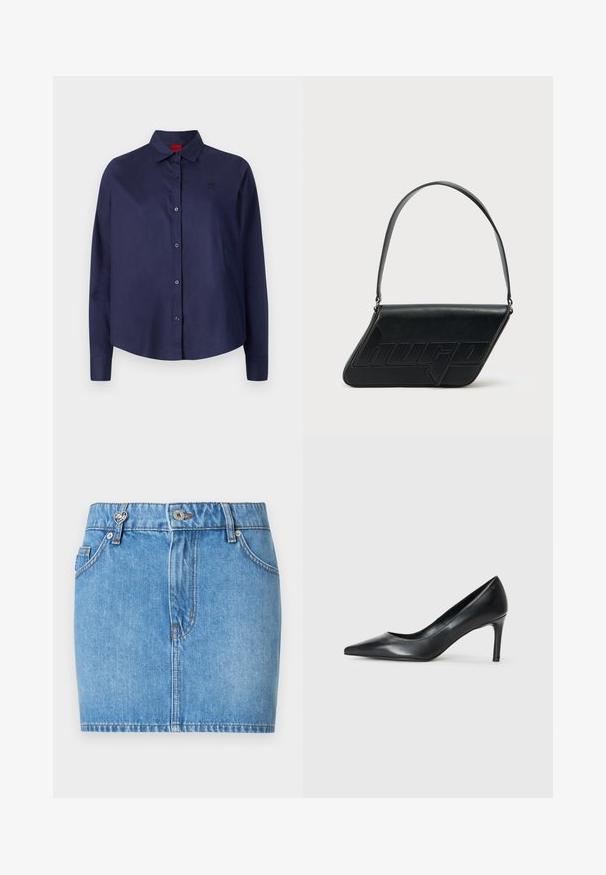 Camisa azul marino de botones con cuello, mangas largas, un ligero corte, un sutil logo en el pecho y una textura de tela suave.; Minifalda azul de mezclilla con bolsillos delanteros, trabillas para cinturón, cierre de botones y un pequeño adorno metálico en forma de corazón en la trabilla izquierda.; Zapato de tacón negro de cuero con punta afilada y un tacón delgado, textura suave y sin adornos visibles. Diseño limpio con una estética minimalista.; Bolso de hombro de cuero negro con forma triangular, logo en relieve y una sola correa ajustable. Diseño minimalista con textura suave.