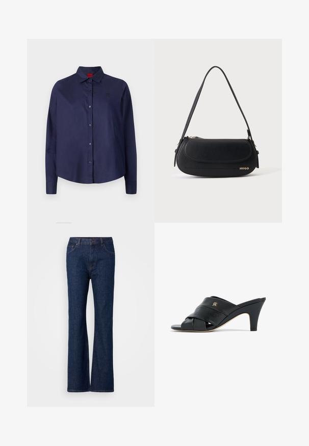 Mørkeblå knap-i-aftenen skjorte med krave, lange ærmer, let cropped, diskret logo på brystet og glat stofstruktur.; Sprøde blå denim jeans med høj talje, der har en glat overflade, metalknaplukning og fem-pockets design.; Sort læder mule med åben tå og hæl, med krydsede stropper og et lille metallogo på siden, mediumhøj tilspidset hæl, kant i beige på sålen.; Sort skuldertaske i læder med buet klap, guld "HUGO" logo på forsiden og enkelt justerbar strop.