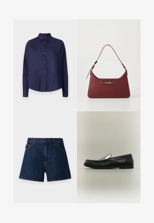 Marineblauwe button-up shirt met een kraag, lange mouwen, een lichte cropped snit, subtiel logo op de borst en een zachte stoftextuur.; Donkerblauwe denim shorts. Voorzien van een klassieke snit met een tailleband, voorzakken en zichtbare naden. Soepele textuur, minimalistisch ontwerp.; Zwarte leren loafer met moc toe-stiksels, lage hak en instapontwerp tegen een neutrale achtergrond.; Kleine rechthoekige bordeauxrode leren handtas met een verstelbare schouderband en een zilveren "HUGO" logo plaatje aan de voorkant.
