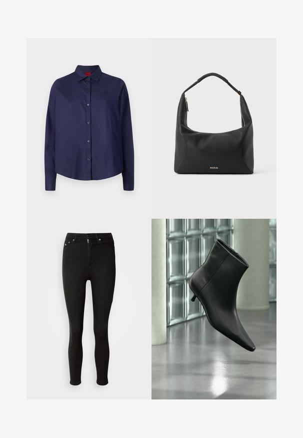 Mørkeblå knap-i-aftenen skjorte med krave, lange ærmer, let cropped, diskret logo på brystet og glat stofstruktur.; Sorte skinny jeans lavet af denim, med knap- og lynlåslukning, fem lommer samt en glat, textured overflade.; Sort læderankelstøvle med spids tå og lav kitten-hæ, vist vinklet mod en poleret gulv- og glasblokvæg.; Sort skuldertaske i læder med flettet hank, guldlåsdetalje og lille gyldent "HUGO"-logo på fronten midt.