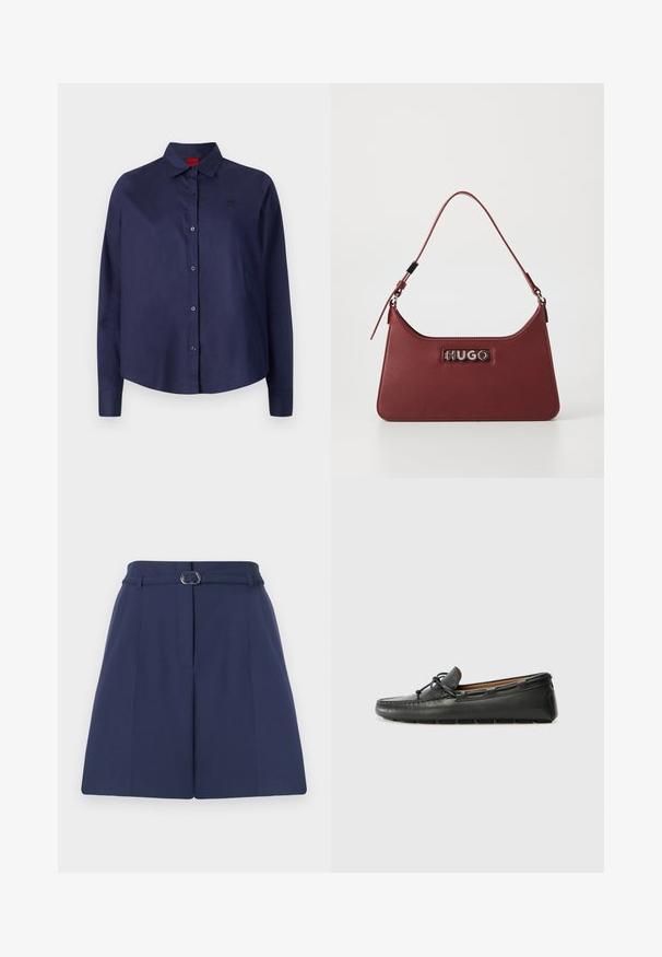 Camisa azul marino de botones con cuello, mangas largas, un ligero corte, un sutil logo en el pecho y una textura de tela suave.; Shorts ajustados de color azul marino con cinturón, que cuentan con un lazo para el cinturón, detalles de pliegues y una textura de tela suave. Corte recto estándar.; Zapato náutico de cuero negro con punta redondeada, detalles de costura, pequeño lazo decorativo y suela de goma. Textura suave y diseño aerodinámico.; Pequeño bolso rectangular de cuero burdeos con correa ajustable y placa de logotipo plateada "HUGO" en la parte frontal.