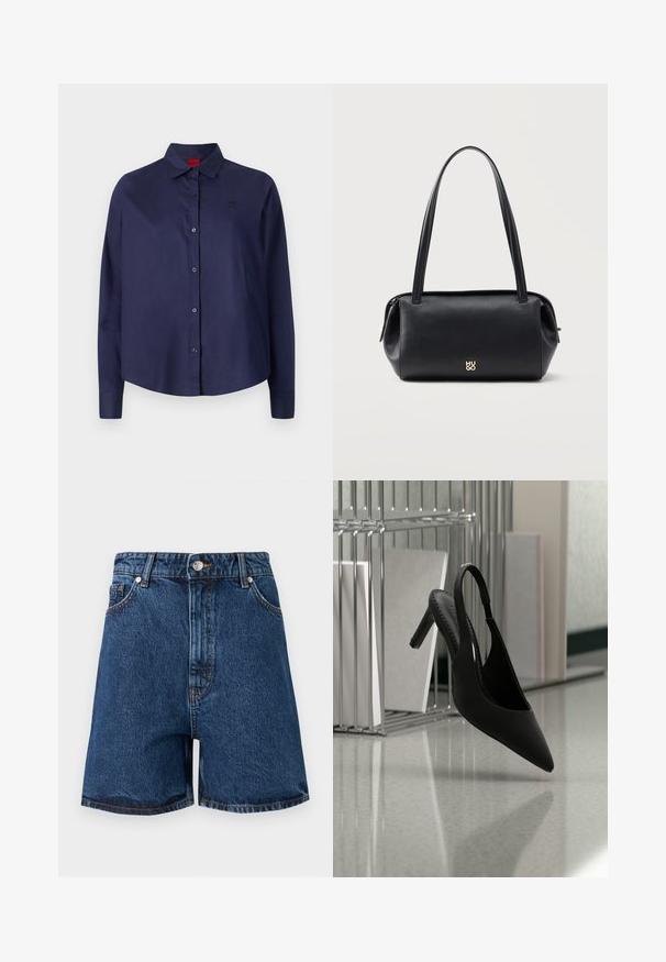 Mørkeblå knap-i-aftenen skjorte med krave, lange ærmer, let cropped, diskret logo på brystet og glat stofstruktur.; Blå denimshorts med højtaljet snit, forrest med knap, lynlås, bæltestropper og forlommer mod en ensfarvet baggrund.; Sort spids tå slingback højhælet sko svævende i luften over en skinnende gulv med stablede ringbind i baggrunden.; Sort læder rektangulær skuldertaske med lange remme og lille gyldent "HUGO" logo foran i midten.