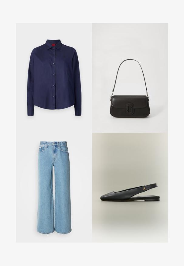 Marineblauwe button-up shirt met een kraag, lange mouwen, een lichte cropped snit, subtiel logo op de borst en een zachte stoftextuur.; Lichtblauwe wijde jeans van denim, met een hoge taille, vijf pockets en subtiele vervaging langs de stof.; Zwarte leren slingback platte schoen met spits toelopende neus en gouden logo-accent op het bandje, weergegeven op een neutrale achtergrond.; Zwarte leren handtas met een gestructureerde vorm, platte bovenkant, dunne schouderband en een opvallend logoaccent aan de voorkant. Glad van textuur.