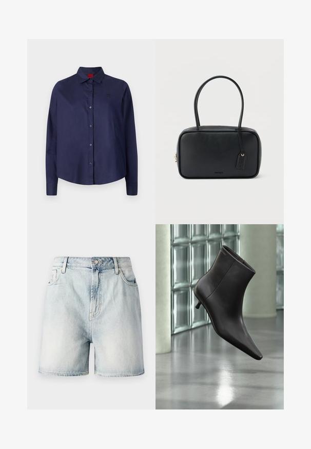Mørkeblå knap-i-aftenen skjorte med krave, lange ærmer, let cropped, diskret logo på brystet og glat stofstruktur.; Lyseblå denimshorts med knaplukning, fem lommer og en falmet struktur. Lige snit med et klassisk design.; Sort læderankelstøvle med spids tå og lille hæl vist mod en væg af glasblokke og poleret gulv baggrund.; Sort rektangulær håndtaske med dobbelte runde håndtag, gylden lynlås og præget "HUGO"-logo foran med fastgjort lædermærke.