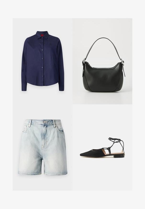 Camisa azul marino de botones con cuello, mangas largas, un ligero corte, un sutil logo en el pecho y una textura de tela suave.; Pantalones cortos de mezclilla azul claro con cierre de botón, cinco bolsillos y una textura deslavada. Corte recto con un diseño clásico.; Zapato plano negro con punta afilada, parte superior texturizada, lazos en los tobillos y un tacón bajo cuadrado. Presenta un patrón sutil en el material.; Bolso de mano de cuero negro con forma curvada, cremallera plateada y un asa corta. Presenta un logotipo sutil en la parte frontal y una textura suave.