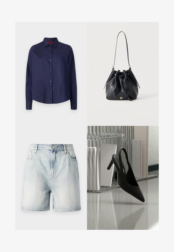 Marineblauwe button-up shirt met een kraag, lange mouwen, een lichte cropped snit, subtiel logo op de borst en een zachte stoftextuur.; Lichtblauwe denim shorts met een knoopsluiting, vijf zakken en een vervaagde textuur. Rechte pasvorm met een klassiek ontwerp.; Zwart slingbackschoen met hoge hak en puntige neus, hangend in de lucht boven een glanzende vloer met opgestapelde ordners op de achtergrond.; Zwarte leren bucketbag met trekkoordsluiting, enkele schouderband en klein gouden "HUGO"-logo in het midden aan de voorkant.