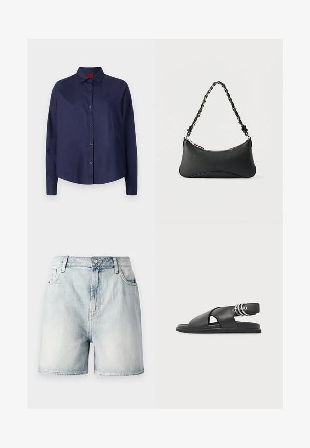 Mørkeblå knap-i-aftenen skjorte med krave, lange ærmer, let cropped, diskret logo på brystet og glat stofstruktur.; Lyseblå denimshorts med knaplukning, fem lommer og en falmet struktur. Lige snit med et klassisk design.; Sort lædersandal med brede krydsede remme, flad sål og metalringe på ankleremmen.; Sort skuldertaske i læder med en buet rektangulær form, gyldent kæde vævet ind i en flettet sort rem og toplynlås.