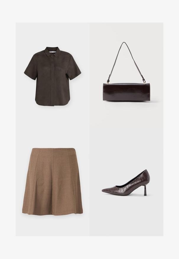 Chemise marron foncé à manches courtes avec col et boutons avant dissimulés, présentée sur un fond gris clair plat.; Jupe évasée marron longueur genou avec détails subtils de coutures verticales, présentée sur un fond gris clair uni.; Escarpins à bout pointu en similicuir marron avec une texture crocodile, dotés d’un talon fin et angulaire ainsi que d’une doublure intérieure lisse.; Sac à main rectangulaire en cuir noir avec une longue bandoulière unique et une finition brillante, présenté sur un fond blanc uni.