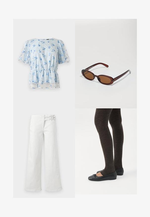 Blouse bleu clair à manches courtes en tissu transparent, taille élastique et petites fleurs bleues brodées dispersées sur le tissu.; Pantalon blanc à jambes larges avec taille haute, détail double boucle sur le côté droit, couture avant et fermeture éclair.; Jambes portant des leggings côtelés foncés associés à des ballerines noires avec de petits détails en nœud sur fond blanc.; Lunettes de soleil rondes teinte brun avec une monture bordeaux brillante. Branches fines avec un détail de marque subtil. Design de verres plats.