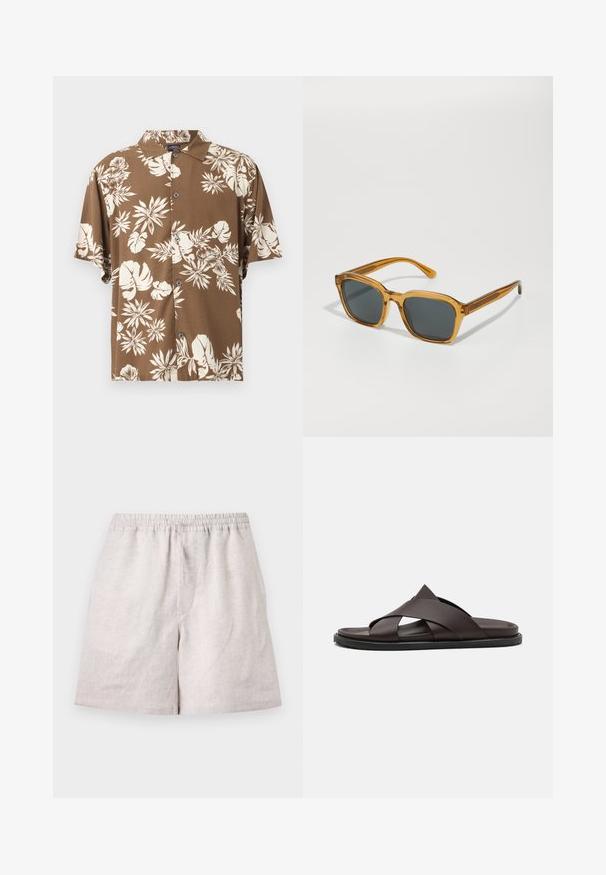Chemise marron à manches courtes boutonnée, imprimé floral tropical crème et col à pointes évasées.; Shorts en lin beige clair avec taille élastique et cordon, longueur au genou, disposés à plat sur fond blanc.; Stuart Weitzman BERKLEY - Mules - espresso; Lunettes de soleil carrées avec des montures translucides en ambre et des verres teintés gris. Les branches sont légèrement allongées avec une finition lisse.