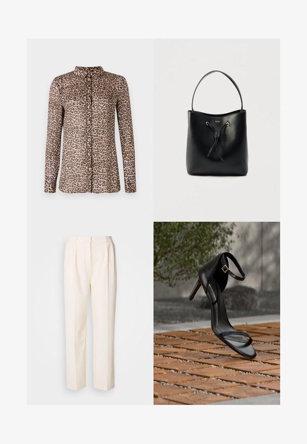 Chemise boutonnée à imprimé léopard avec manches longues, fabriquée en tissu léger, dotée d'un col et de boutons roses sur le devant.; Lacoste Pantalon classique - lapland; Sandale noire à talon haut avec sangle à la cheville, suspendue au-dessus d'un sol en carreaux de bois à l'extérieur, avec un arrière-plan flou de verdure et de pierre.; Sac seau en cuir noir à texture lisse, fermeture par cordon de serrage et une bandoulière unique. Doté de ferrures dorées et d'un logo.