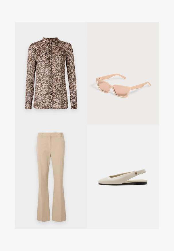 Camisa de botón de estampado de leopardo con mangas largas, hecha de tela ligera, con un cuello y botones rosas en el frente.; Pantalones beige ajustados de corte recto, con frente plano, trabillas para cinturón y una textura suave. Sin bolsillos ni patrones visibles.; Zapato plano slingback de cuero color crema con puntera redondeada y pequeño emblema dorado en la correa.; Gafas de sol rectangulares color melocotón claro con montura gruesa y lentes tintadas a juego sobre un fondo claro y liso.