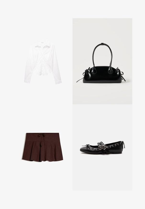 Chemise blanche à manches longues avec col, coupe slim, boutons sur le devant et poignets, présentée à plat sur un fond blanc.; Jupe plissée marron foncé avec large ceinture et cordon de serrage au centre devant, posée à plat sur fond blanc.; Chaussure de ballet plate noire avec doubles brides à boucle, œillets argentés et petit nœud près de l’orteil arrondi sur fond blanc.; Petit sac à main noir brillant avec deux longues anses et des détails à cordon sur les côtés sur un fond clair uni.