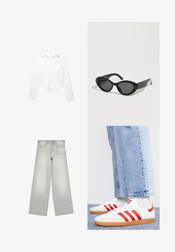 Chemise blanche à manches longues avec col, coupe slim, boutons sur le devant et poignets, présentée à plat sur un fond blanc.; Jean gris clair à jambes larges avec fermeture par bouton et zip, poches avant, et passants de ceinture, présenté à plat sur fond blanc.; Baskets en cuir blanc avec des rayures et des accents rouges. Dotées d'une semelle extérieure en gomme texturée et d'un col rembourré. Portées avec un jean en denim bleu clair.; Lunettes de soleil noires à forme œil de chat surdimensionnée. Montures en plastique lisse avec des verres foncés et de petits accents étoilés sur les côtés.