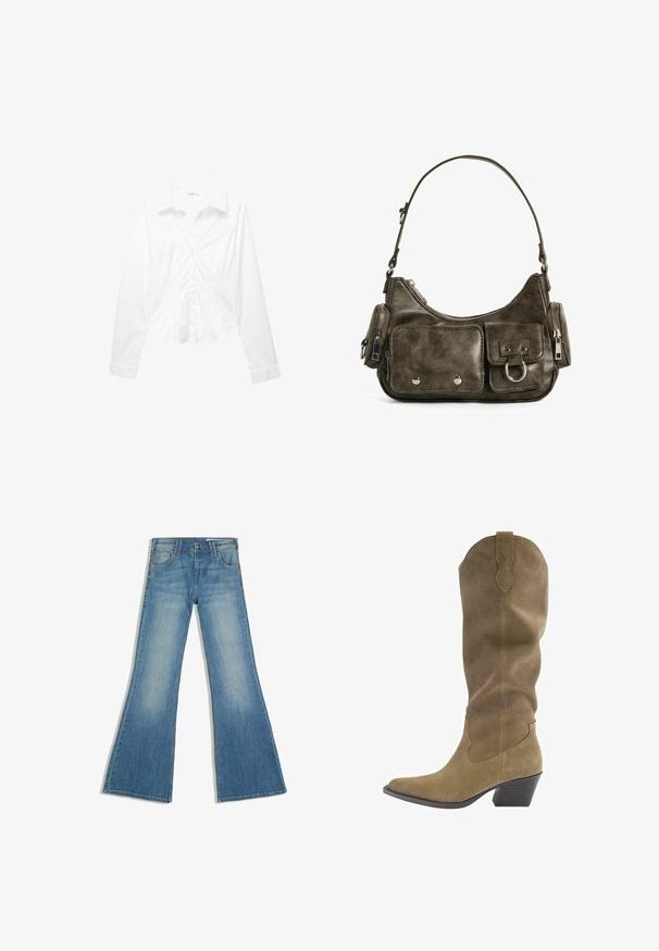 Chemise blanche à manches longues avec col, coupe slim, boutons sur le devant et poignets, présentée à plat sur un fond blanc.; Jean en denim bleu avec une jambe évasée, des poches avant et une fermeture à boutons, présenté sur fond blanc.; Botte de cowboy en daim marron haute avec bout pointu, talon empilé de hauteur moyenne et languette de tirage en haut, vue de côté.; Sac à main en cuir vert foncé de forme arrondie, avec des poches zippées et une poche à rabat à l'avant. Présente un matériel en argent et une finition texturée.