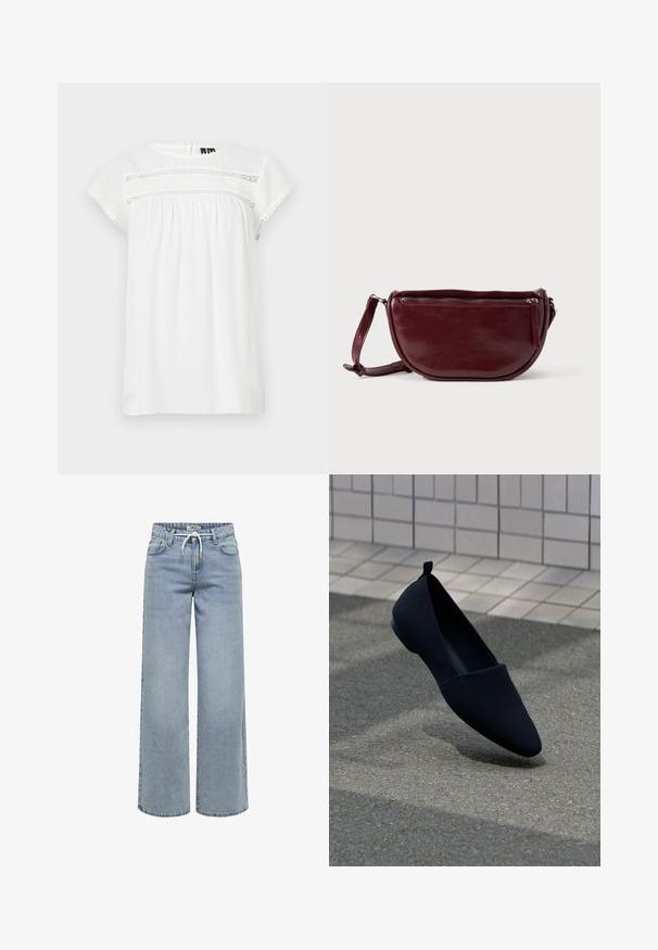 Blouse blanche à manches courtes avec un col rond, un design froncé et un détail en dentelle décoratif sur le devant, dotée d'un ourlet festonné.; Jean en denim bleu clair à jambes larges avec poches avant, passants pour ceinture et cordon de serrage blanc à la taille élastique.; Chaussure plate noire avec un bout pointu, texture lisse et design minimaliste. Dotée d'un petit talon et d'une languette à l'arrière.; Sac à main en cuir marron foncé avec une forme en demi-lune, une fermeture éclair et une bandoulière amovible. Texture lisse avec un léger éclat.