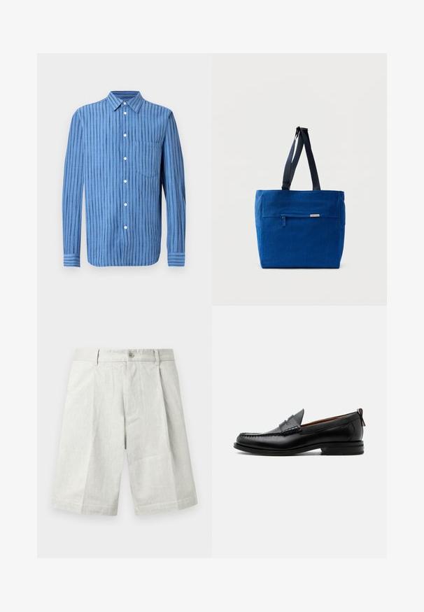 Chemise bleue à manches longues avec boutons, rayures noires verticales et une poche poitrine avant, présentée sur un fond blanc.; Shorts gris clair en tissu texturé, dotés d'une fermeture à bouton, de plis et d'une coupe droite, adaptés à une tenue décontractée.; Mocassin homme en cuir noir avec couture moc toe, bride penny, col texturé et petit talon empilé sur fond blanc.; Sac fourre-tout en toile bleue avec une poche zippée à l'avant, des doubles bretelles et une forme rectangulaire. Dispose d'une étiquette de marque discrète.