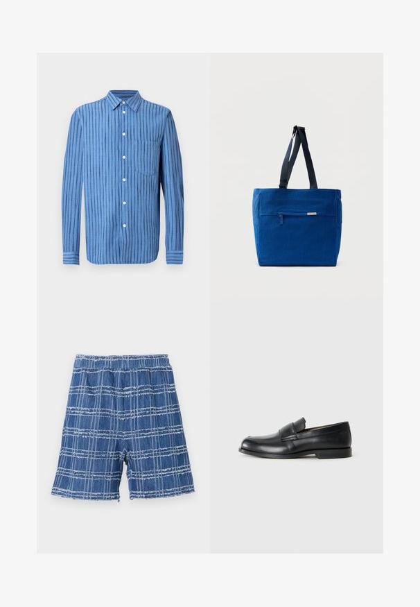 Blå langærmet skjorte med knapper og lodrette sorte striber samt en brystlomme foran, vist på en hvid baggrund.; Denim shorts med en flosset kant, der har et blåt ternet mønster. Elastisk talje, lige skæring og blød tekstur.; Sorte læder loafers med rund tå, syet detaljer og en flad gummisål. Har en bred rem over vristen.; Blå lærredstaske med lynlåslomme foran, dobbelte skulderremme og rektangulær form. Har en diskret mærkeetiket.