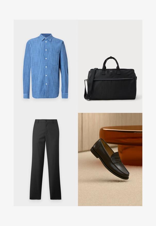 Blå langærmet skjorte med knapper og lodrette sorte striber samt en brystlomme foran, vist på en hvid baggrund.; Samsøe Samsøe SAJOHNNY TROUSERS - Bukser - turkish coffee; Sort læder loafer-sko hængende over beige tæppe med ravfarvet moderne møblement i baggrunden.; Sort rektangulær rejsetaske med dobbelte håndtag, justerbar skulderrem, frontlomme med lynlås og lille "BOSS" logo foran.