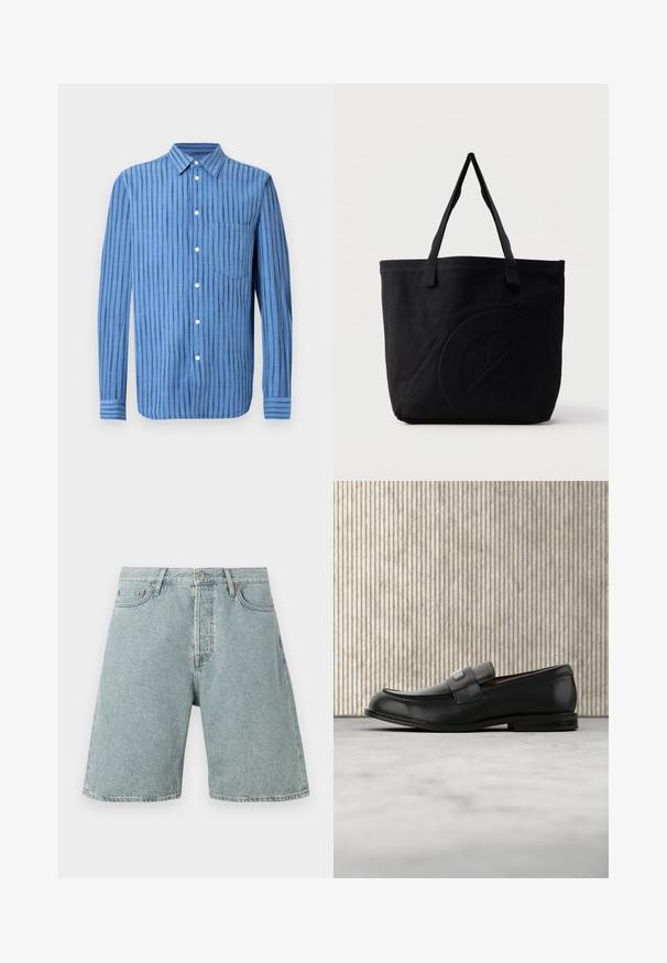 Chemise bleue à manches longues avec boutons, rayures noires verticales et une poche poitrine avant, présentée sur un fond blanc.; Shorts en denim bleu clair avec une coupe décontractée, cinq poches et une fermeture à bouton. Texture déchirée avec des détails de couture visibles.; Mocassin en cuir noir avec une plaque de marque en métal reposant près d'une table ronde marron sur un sol recouvert de moquette beige.; Sac fourre-tout en toile noire avec deux bandoulières et un motif circulaire discret en relief sur le devant.