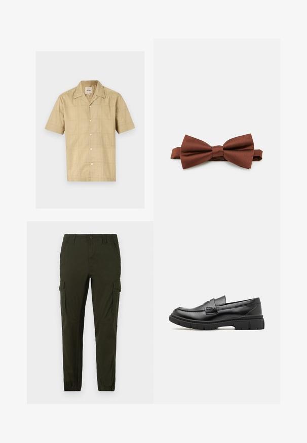 Kortærmet skjorte med knapper i lys beige med et subtilt rutenetmotiv. Lavet af et blødt, tekstureret stof; har en klassisk krave og fem knapper.; Jack & Jones JPSTPAUL JJFLAKE ANA NOOS - Cargobukser - rosin; Sort læder loafersko med en bred rem over forfoden, gummisål med tykke mønstre og glat overflade. Klassisk, slankt design.; Brun satin butterflyknude med en glat texture, der har en central knude og justerbar rem, velegnet til formelle lejligheder.