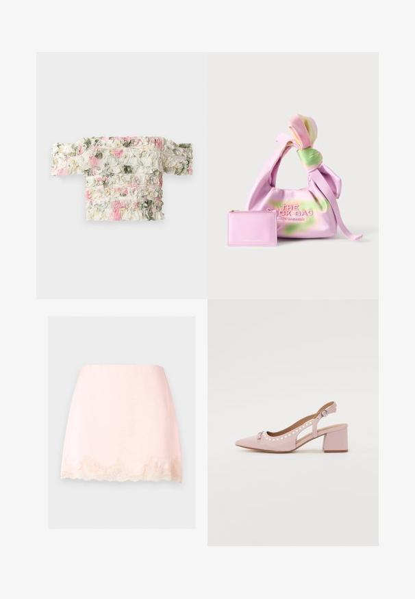 Haut floral décolleté en blanc avec des motifs froncés roses et verts. Fabriqué en tissu légèrement élastique pour un look ajusté.; Mini-jupe rose clair avec bordure en dentelle festonnée à l'ourlet, tissu lisse et design épuré et simple sur fond uni.; Escarpin rose à bride arrière avec un bout pointu, tige en tissu, découpes arrondies, accents de perles et talon large. Présente un détail de boucle latérale.; Sac à main en tissu tie-dye rose et vert doux avec une poignée nouée et une petite pochette zippée en cuir rose assortie à côté.