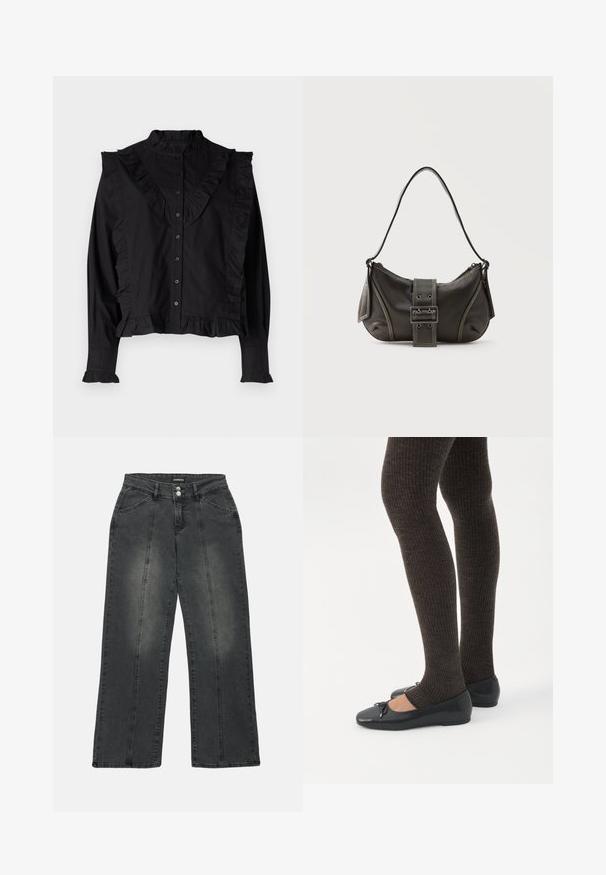 Camisa negra de manga larga con un cuello alto, tapeta de botones y acentos de volantes a lo largo del frente y las mangas. Tela suave y ligera.; Jeans de pierna ancha en denim gris oscuro. Incluye un cierre de botón, dos bolsillos frontales y costuras verticales para detalle. Presenta áreas desgastadas.; Piernas con leggings oscuros acanalados combinados con bailarinas negras que presentan pequeños detalles de lazo sobre un fondo blanco.; Bolso de hombro de cuero negro con detalle de correa con hebilla, bordes curvos y costuras blancas en contraste sobre un fondo liso.