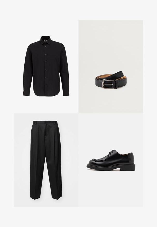 Camisa negra de manga larga y botonadura frontal, hecha de tejido entrelazado, con cuello clásico, dobladillo recto y botones negros en el frente.; Pantalones negros ajustados con cintura alta, perneras anchas y pliegues marcados. Fabricados en un tejido suave con trabillas para el cinturón y sin hardware visible.; Zapato de cuero negro con punta redondeada, detalles de costura, cordones mínimos y suela de goma gruesa para tracción y durabilidad.; Cinturón de cuero negro con un acabado suave, con una hebilla rectangular en tono plateado y un forro interior marrón en contraste.