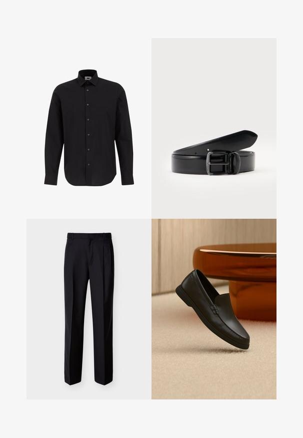 Camisa negra de manga larga y botonadura frontal, hecha de tejido entrelazado, con cuello clásico, dobladillo recto y botones negros en el frente.; Pantalones negros hechos a medida con corte recto, pinzas delanteras y bolsillos laterales. Elaborados con una tela suave y ligera con un patrón sólido.; Mocasín negro de piel sin cordones exhibido sobre una alfombra beige junto a una mesa de cristal curva color ámbar en una habitación de tonos neutros.; Cinturón de cuero negro enrollado con una hebilla de metal negro con pinche, sobre un fondo claro y liso.