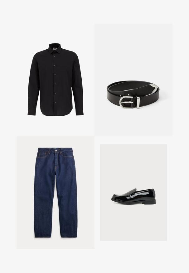 Schwarze Langarm-Hemdbluse aus gewebtem Stoff, ausgestattet mit einem klassischen Kragen, geradem Saum und schwarzen Knöpfen an der Vorderseite.; Dunkelblaue Jeans aus Denim mit geraden Beinen, fünf Taschen, Knopfverschluss und sichtbaren Nähten.; Glänzender schwarzer Lackleder-Slipper mit niedrigem Absatz und Riemendetail über dem Spann, seitlich auf schlichtem Hintergrund gezeigt.; Schwarzer Ledergürtel mit einer silbernen Metallschnalle, die ein klassisches Design und eine glatte Textur aufweist. Mit Löchern für eine verstellbare Passform.