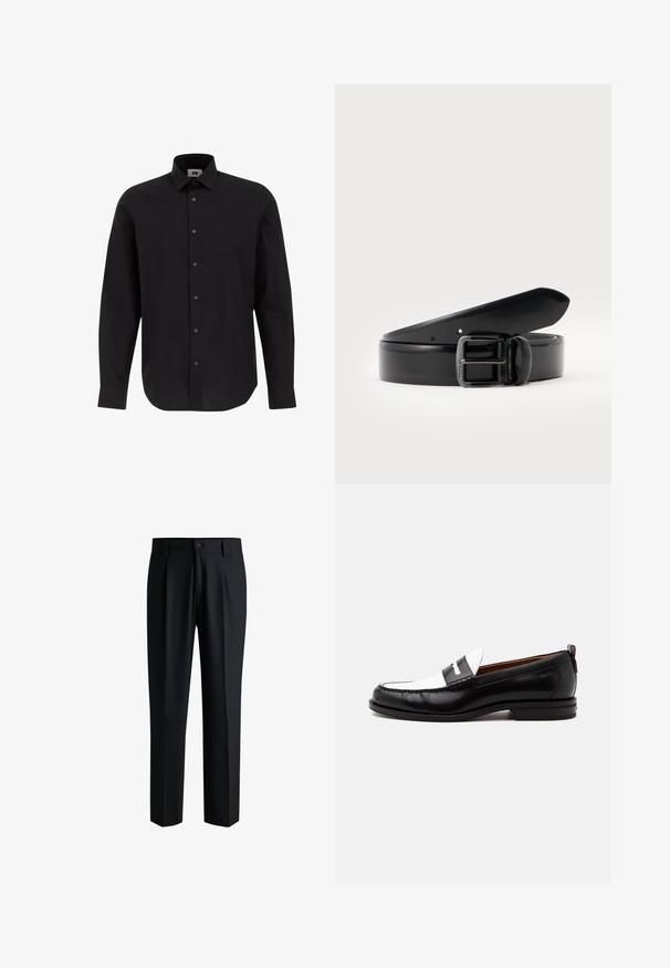 Chemise noire à manches longues, à boutons, en tissu tissé, avec un col classique, un ourlet droit et des boutons noirs sur le devant.; Pantalons noirs en tissu lisse, avec une coupe droite, des plis à l'avant et une fermeture à bouton avec passants de ceinture.; Mocassin en cuir noir et blanc avec des détails cousus, un petit talon et un design slip-on, présenté de profil sur un fond uni.; Ceinture en cuir noir roulée avec une boucle à ardillon métallique noire, sur un fond clair uni.