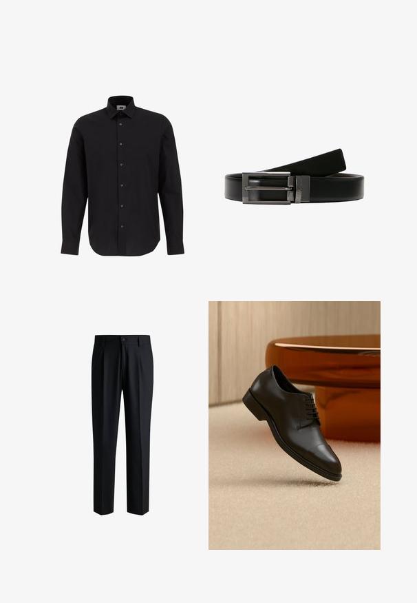 Camisa negra de manga larga y botonadura frontal, hecha de tejido entrelazado, con cuello clásico, dobladillo recto y botones negros en el frente.; Pantalones negros de tela suave, con un diseño de pierna recta, pliegues en la parte delantera y cierre de botón con trabillas para cinturón.; Zapato de vestir de cuero negro con cordones flotando sobre una alfombra beige, mesa redonda naranja al fondo.; Cinturón de cuero negro con una hebilla de metal plateado brillante. La hebilla presenta un diseño de doble punta. Textura suave con un acabado pulido.