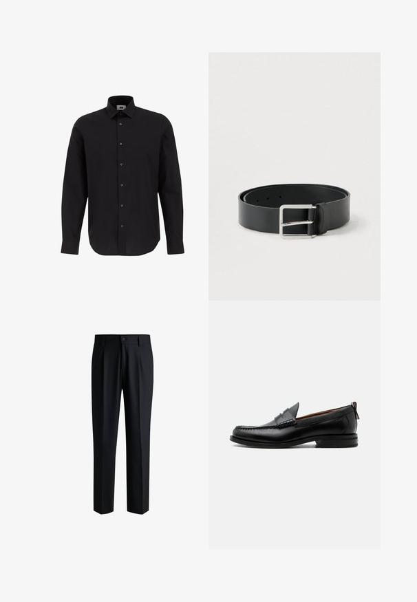 Camisa negra de manga larga y botonadura frontal, hecha de tejido entrelazado, con cuello clásico, dobladillo recto y botones negros en el frente.; Pantalones negros de tela suave, con un diseño de pierna recta, pliegues en la parte delantera y cierre de botón con trabillas para cinturón.; Mocasín de hombre de piel negra con costura moc toe, tira penny, cuello texturizado y tacón bajo apilado sobre fondo blanco.; Cinturón de cuero negro con acabado liso, con una hebilla metálica plateada rectangular y múltiples agujeros para ajuste.