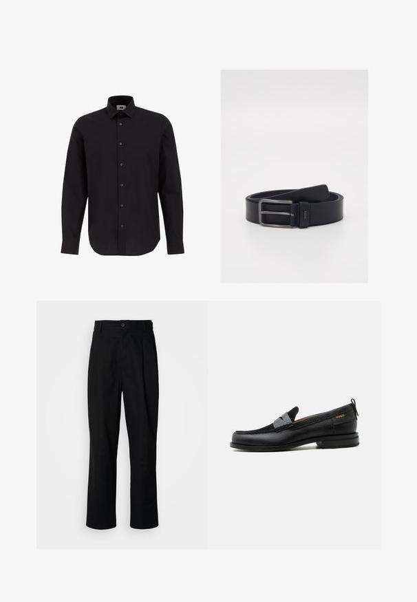 Chemise noire à manches longues, à boutons, en tissu tissé, avec un col classique, un ourlet droit et des boutons noirs sur le devant.; Pantalons noirs à jambes droites avec une taille à bouton, passants de ceinture et pli avant, présentés sur un fond blanc uni.; Mocassin en cuir noir avec détail de bride grise, talon bas et semelle texturée, marqué "HUGO" en or sur le côté.; Ceinture en cuir noir présentant un design épuré, une boucle en métal argenté et une texture lisse. Détail du logo près de la boucle.