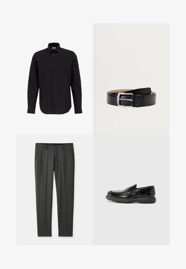 Sort langærmet skjorte med knapper lavet af vævet stof, med klassisk krave, lige kant og sorte knapper langs forsiden.; Grå dressbukser med en glat tekstur, der har folder, to forlommer og en skræddersyet pasform. Fremstillet af et let stof.; Sort læderloafer med en blank finish, rund tå, subtile syninger og en tyk gummisål for holdbarhed.; Sort læderbælte med en glat overflade, en sølvmetallås og enkel-syning langs kanterne.