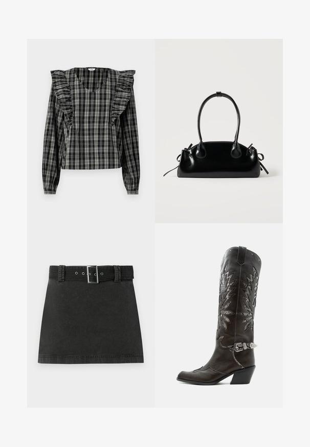 Blouse à carreaux noirs et gris avec des accents d'épaules froncés, manches longues et décolleté en V. Fabriquée à partir d'un tissu léger.; Jupe mini en denim noir avec une ceinture assortie présentant une boucle métallique et des passants de ceinture, affichée à plat sur un fond blanc.; Botte de cowboy en cuir noir avec découpes décoratives, boucle argentée et talon incliné, présentée sur fond blanc.; Petit sac à main noir brillant avec deux longues anses et des détails à cordon sur les côtés sur un fond clair uni.