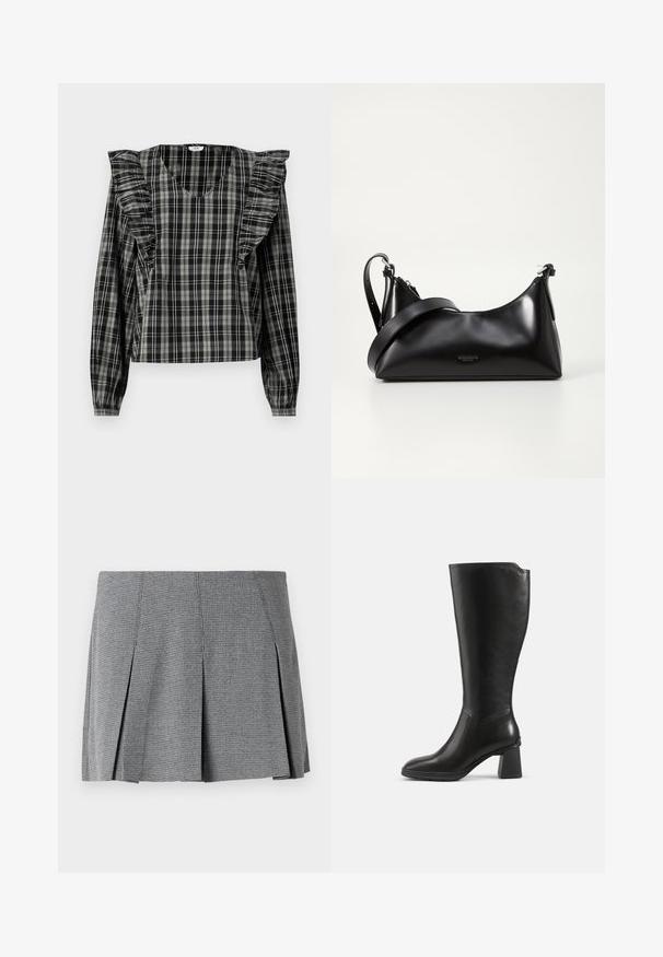 Blouse à carreaux noirs et gris avec des accents d'épaules froncés, manches longues et décolleté en V. Fabriquée à partir d'un tissu léger.; Jupe mini plissée grise en tissu texturé, avec un motif à carreaux et une coupe droite agrémentée de fentes sur les côtés.; Botte en cuir noire montant jusqu’au genou avec un talon bloc et un bout arrondi, vue de profil sur un fond uni.; Sac à main en cuir noir avec une texture lisse. Dispose d'une bandoulière adjustable et d'un design élégant et minimaliste avec une fermeture éclair.