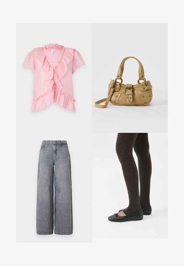 Blouse légère rose avec des manches courtes à volants, un décolleté en V, et des volants superposés le long de l'avant et de l'ourlet. Texture douce.; Jean en denim à jambes larges dans un délavé gris, avec cinq poches, une fermeture à bouton et une texture douce avec des détails de whiskering subtils.; Jambes portant des leggings côtelés foncés associés à des ballerines noires avec de petits détails en nœud sur fond blanc.; Sac à main en cuir beige avec double poignées, boucle en laiton et détails rivetés, ainsi qu'une bandoulière réglable sur fond blanc.