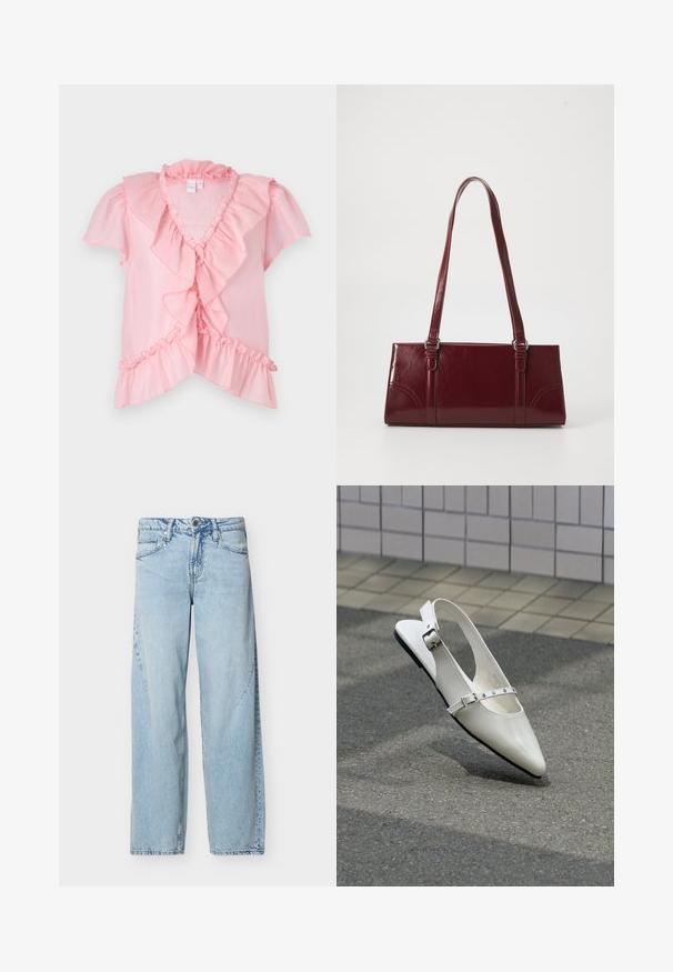 Lyserød letvægtsbluse med korte volangærmer, en V-udskæring og lagdelte volanger langs foran og kanten. Blød tekstur.; Lyseblå denimjeans med lige ben, forlommer, bæltestropper og knaplukning på en ensfarvet hvid baggrund.; Hvid spids slingback flad sko med to sølvspænder, vist udendørs på tekstureret underlag og flisebelagt væg baggrund.; Bordeaux håndtaske lavet af glansfuldt materiale, rektangulær form, med to skulderremme og subtile buede detaljer på forsiden.
