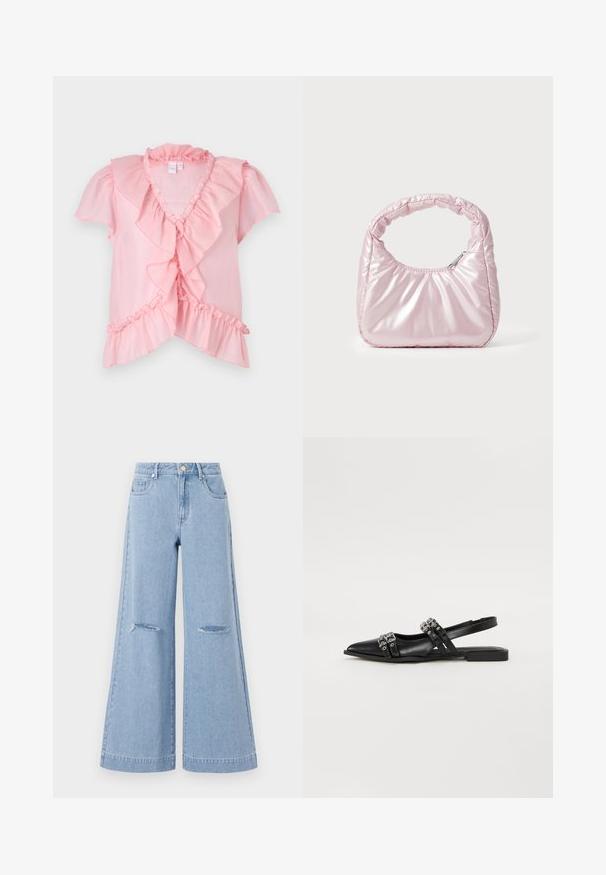 Blouse légère rose avec des manches courtes à volants, un décolleté en V, et des volants superposés le long de l'avant et de l'ourlet. Texture douce.; Jeans taille haute bleu clair à jambes larges, dotés de deux poches avant et de deux détails de genoux déchirés, fabriqués en matériau denim.; Even&Odd by Zalando Ballerines à brides arrière - black; Sac à main rose rembourré avec un design arrondi, fabriqué à partir d'un matériau brillant. Dispose d'une poignée froncée et d'une fermeture éclair pour un accès sécurisé.