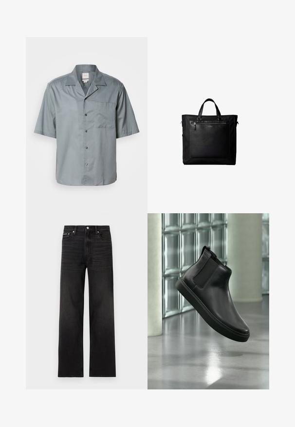 Camisa de botones de manga corta en tejido gris claro con una textura suave, que presenta un bolsillo en el pecho y un diseño de cuello clásico.; Jeans negros de pierna recta con diseño de cinco bolsillos, presillas para cinturón y cierre de botón, mostrados sobre un fondo blanco.; Botín negro de cuero con paneles laterales elásticos flotando sobre un suelo de hormigón pulido y bloques de vidrio al fondo.; Bolsa tote negra con asas dobles, gran bolsillo delantero de cuero con cremallera y sutil logo de Calvin Klein en el centro del bolsillo.