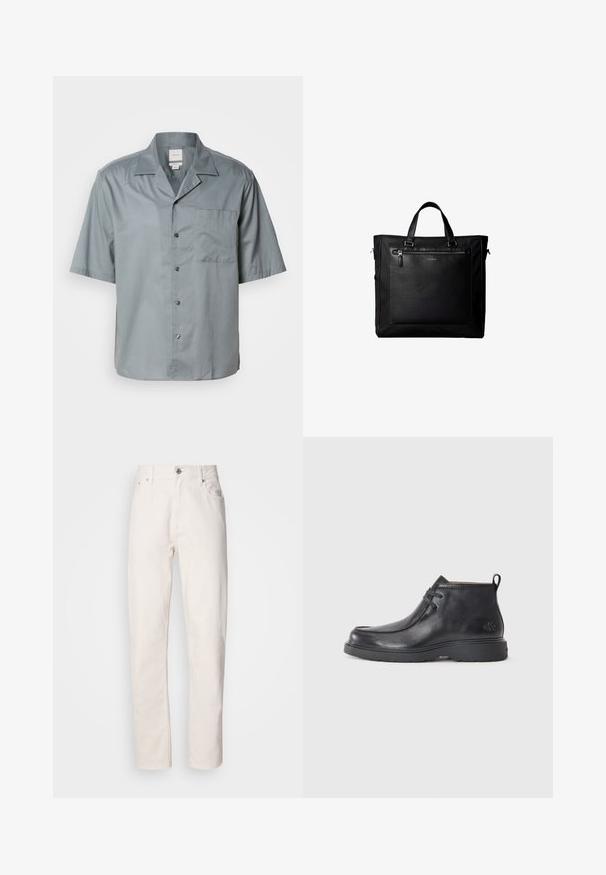 Kurzärmliges Button-up-Hemd aus lichtgrauem Stoff mit glatter Textur, ausgestattet mit einer Brusttasche und klassischem Kragen.; Weiße Denim-Jeans mit geradem Bein, Knopf- und Reißverschluss, Gürtelschlaufen sowie Vorder- und Hintertaschen, auf einfarbigem Hintergrund gezeigt.; Schwarze Leder-Stiefel bis zur Knöchel mit runder Zehenform, Schnürdesign und einer Ziehlasche auf der Rückseite. Strukturiertes Obermaterial und Gummisohle.; Schwarze Tragetasche mit Doppelgriffen, großer vorderer Ledertasche mit Reißverschluss und dezentem Calvin Klein-Logo in der Mitte der Tasche.