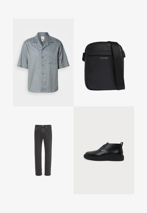 Kurzärmliges Button-up-Hemd aus lichtgrauem Stoff mit glatter Textur, ausgestattet mit einer Brusttasche und klassischem Kragen.; Schwarze Straight-Leg-Jeans aus Denim mit Knopf- und Reißverschluss vorne, Vorder- und Gesäßtaschen, auf weißem Hintergrund dargestellt.; Schwarzer knöchelhoher Schnürschuh aus Leder mit dicker Gummisohle und Zuglasche an der Ferse, im Seitenprofil vor einfarbigem Hintergrund gezeigt.; Schwarze Calvin Klein Crossbody-Tasche mit strukturierter Oberfläche und verstellbarem Schulterriemen.
