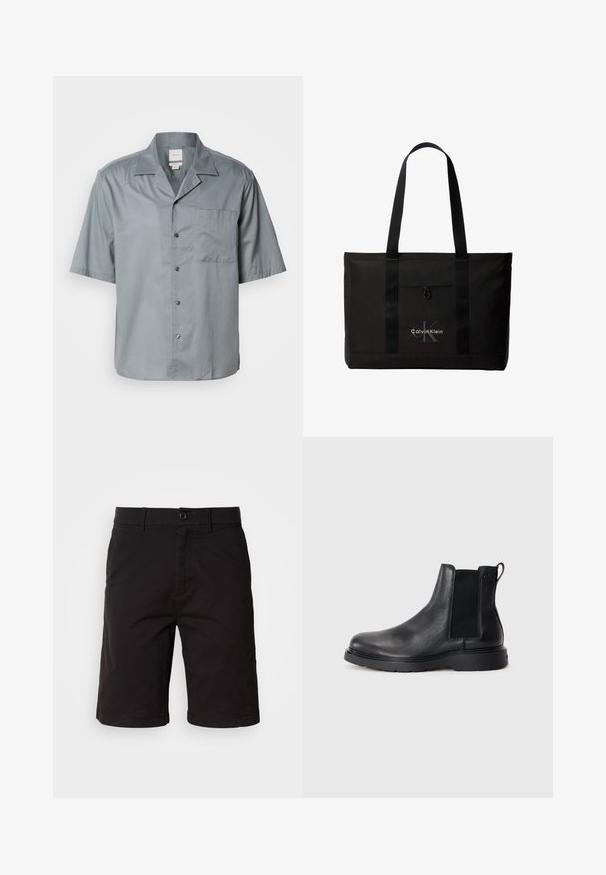 Camisa de botones de manga corta en tejido gris claro con una textura suave, que presenta un bolsillo en el pecho y un diseño de cuello clásico.; Shorts negros fabricados con un tejido ligero, con cierre de botón en la parte delantera, pasadores para cinturón, bolsillos laterales y un corte recto con dobladillos enrollados.; Botas Chelsea de cuero negro con acabado texturizado, paneles laterales elásticos y una suela de goma resistente. Marca sutil en el talón.; Bolso tote negro de Calvin Klein con dos asas largas y bolsillo delantero, con el logo de la marca en blanco y gris.