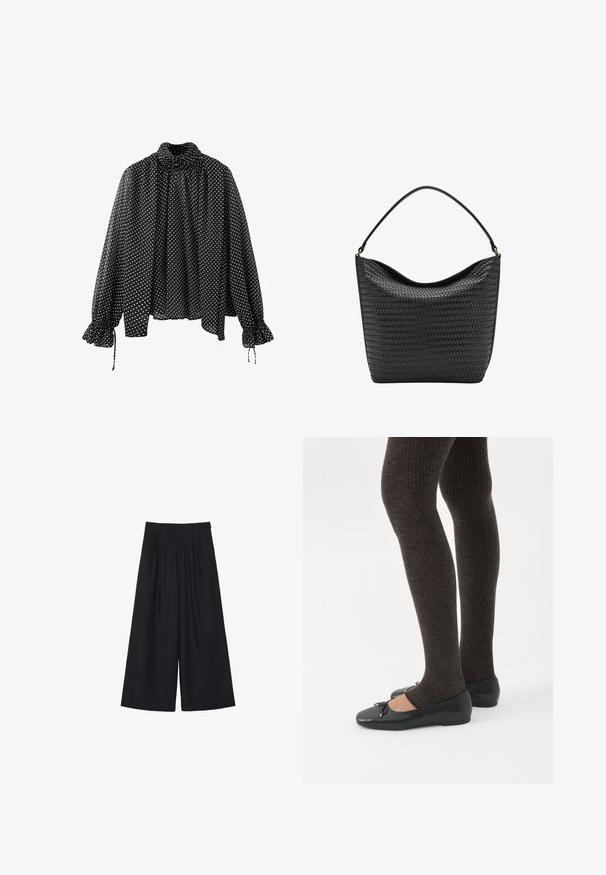Blouse noire à manches longues avec pois blancs, col montant, coupe ample et poignets volantés avec liens sur les manches.; Pantalons larges noirs avec des plis, fabriqués dans un tissu doux. Présentent une taille haute et une coupe épurée et ajustée.; Jambes portant des leggings côtelés foncés associés à des ballerines noires avec de petits détails en nœud sur fond blanc.; Sac à main en cuir noir avec texture tissée et une seule bandoulière, forme seau avec bord supérieur légèrement affaissé.