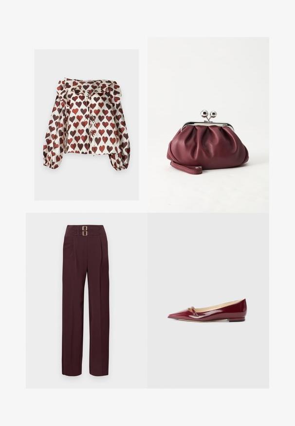 Blouse à manches longues, brillante, avec des motifs de cœurs rouges, col volanté et détails noués à l'avant sur fond blanc.; Pantalon taille haute de couleur bordeaux foncé avec deux sangles à boucle dorée en haut et une coupe droite.; Ballerines en cuir verni bordeaux avec un bout pointu, présentant un petit détail découpé et un petit talon. Texture lisse et design épuré.; Petit sac pochette en cuir bordeaux avec fermoir métallique argenté et bracelet sur fond blanc.