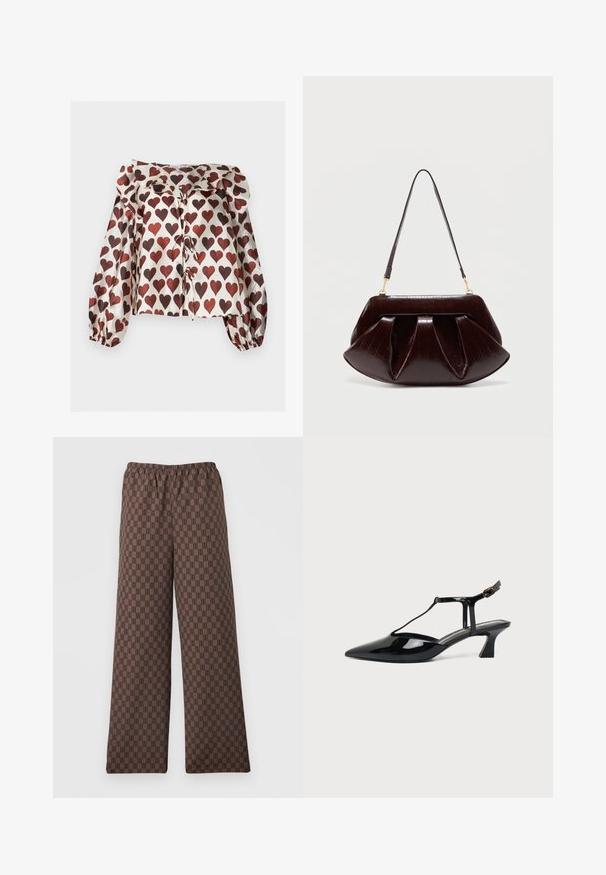 Blouse à manches longues, brillante, avec des motifs de cœurs rouges, col volanté et détails noués à l'avant sur fond blanc.; Pantalon ample marron avec taille élastique, orné de petits motifs géométriques marron foncé répétés.; Chaussure slingback en cuir verni noir à bout pointu avec bride en T et petit talon bloc incliné sur fond blanc.; Sac à main en cuir marron foncé avec plis froncés, ferrures dorées et une seule bandoulière, sur un fond clair uni.
