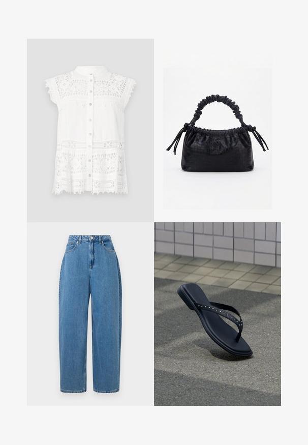 Hvid bluse med korte, kapærmer, der har blonde detaljer og knap-lukning foran. Den strukturerede stof og den scalloperede kant tilføjer visuel interesse.; Lyseblå denimbukser med lige ben, høj talje og lukning med frontknap. Har fem lommer og minimale syninger.; Sort flip-flop sandal med nittede stropper hængende over asfaltbelægning nær flisebelagt vægkant.; Sort taske med krokodilletekstur, rynket øverste kant, samlet hank og snore med kvaster på hver side mod en hvid baggrund.