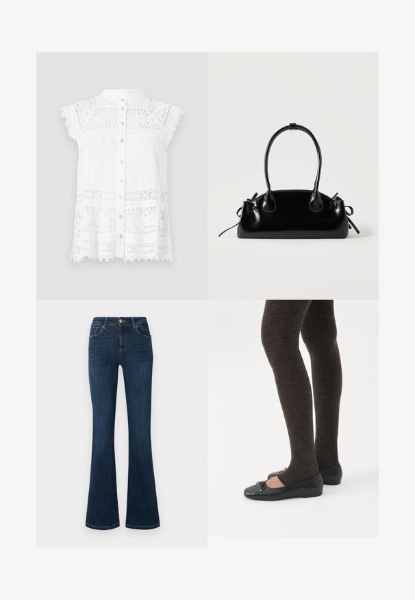 Blusa blanca con mangas cortas tipo capa, que presenta detalles de encaje y un frente abotonado. La tela texturizada y el dobladillo con forma de escallona añaden interés visual.; Vaqueros de mezclilla azul oscuro con cintura de altura media, estilo de cinco bolsillos y pierna acampanada, mostrados planos sobre un fondo blanco.; Piernas con leggings oscuros acanalados combinados con bailarinas negras que presentan pequeños detalles de lazo sobre un fondo blanco.; Pequeño bolso negro brillante con dos asas largas y detalles de cordón lateral sobre un fondo claro liso.