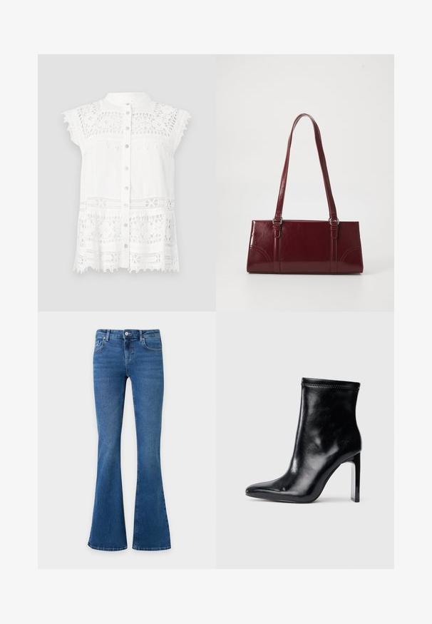 Blusa blanca con mangas cortas tipo capa, que presenta detalles de encaje y un frente abotonado. La tela texturizada y el dobladillo con forma de escallona añaden interés visual.; Vaqueros de mezclilla azul con pernera acampanada, cierre frontal con botón y cremallera, y bolsillos delanteros y traseros sobre un fondo liso.; Botín de cuero negro hasta el tobillo con punta afilada y tacón transparente alto. Textura suave y detalles mínimos de costura en la parte superior.; Bolso burdeos hecho de material brillante, de forma rectangular, con dos asas para el hombro y sutiles acentos curvados en la parte frontal.